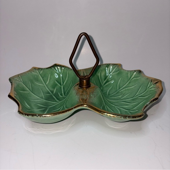 Vintage California Pottery Green Leaf Double Sided Serving Bowl MCM Handle Gold - Picture 2 of 10